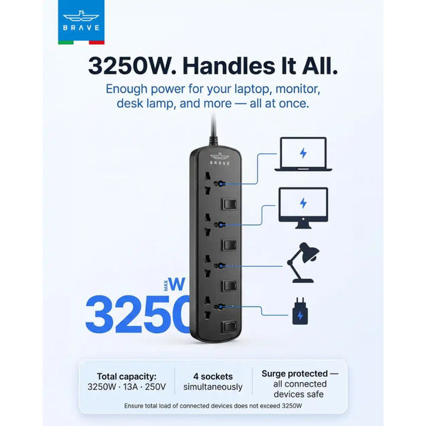 Brave BPS-04 4-way universal power strip 3250W Black with individual switches and child safety shutters Qatar