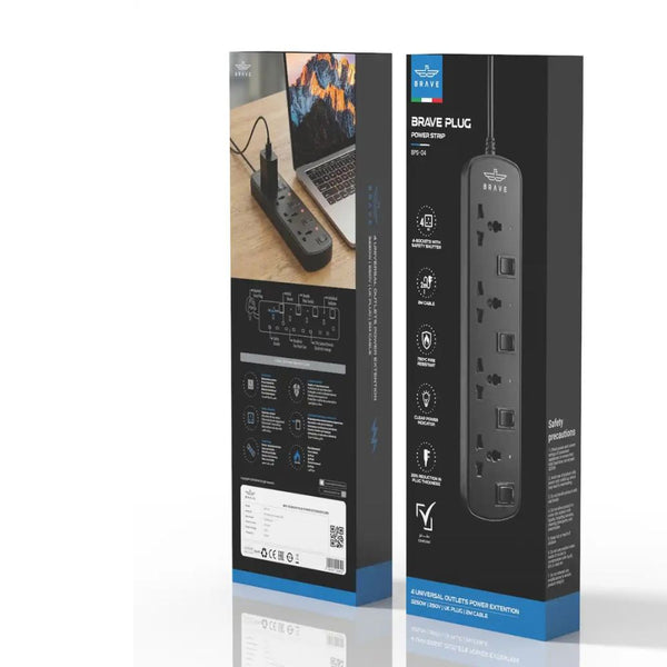 Brave BPS-04 4-way universal power strip 3250W Black with individual switches and child safety shutters Qatar
