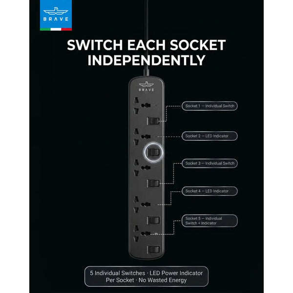 Brave BPS-05 5-way universal power strip 3250W Black with individual switches and child safety shutters Qatar