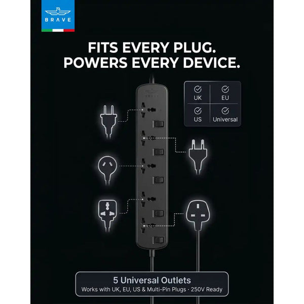 Brave BPS-05 5-way universal power strip 3250W Black with individual switches and child safety shutters Qatar