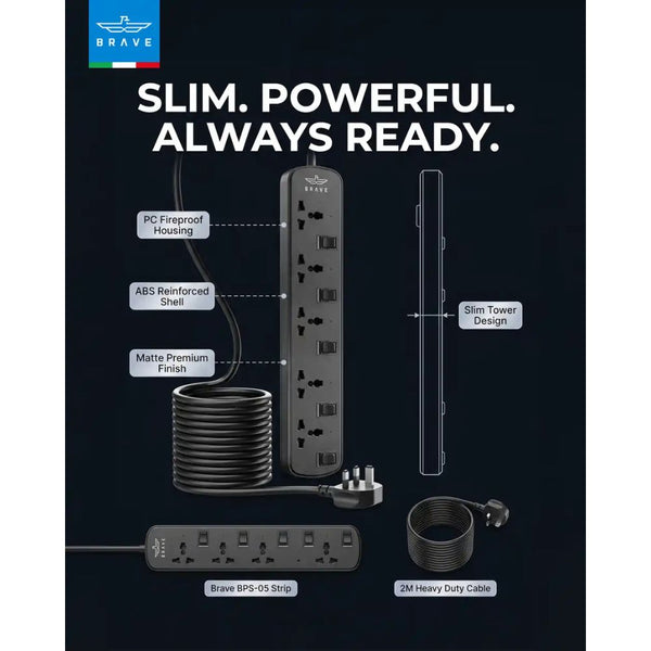 Brave BPS-05 5-way universal power strip 3250W Black with individual switches and child safety shutters Qatar