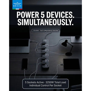 Brave BPS-05 5-way universal power strip 3250W Black with individual switches and child safety shutters Qatar