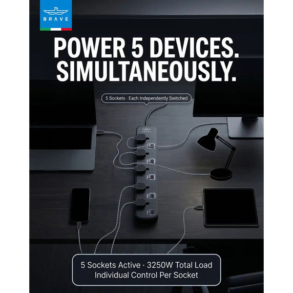 Brave BPS-05 5-way universal power strip 3250W Black with individual switches and child safety shutters Qatar