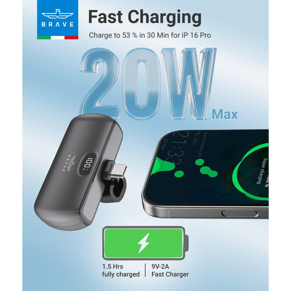 BRAVE Pocket Pro 5000mAh mini power bank Black with 20W fast charging built-in USB-C and LED display Qatar