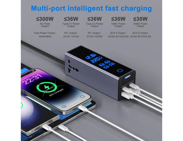 Car Power Inverter Seven-Ports 300W Model 7732 USB-C QC3.0 PD Qatar