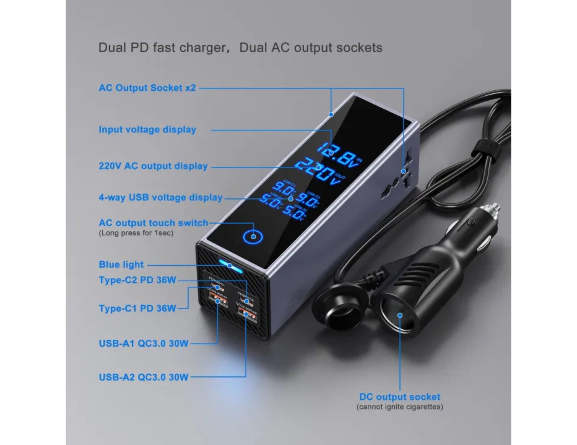 Car Power Inverter Seven-Ports 300W Model 7732 USB-C QC3.0 PD Qatar