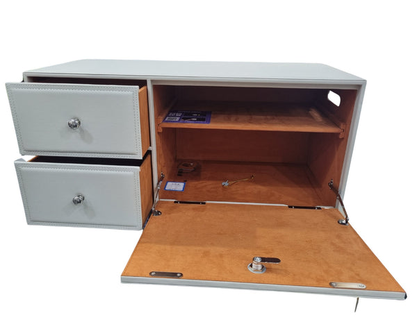Spacious interior of the car trunk storage box white with adjustable compartments and drawers.
