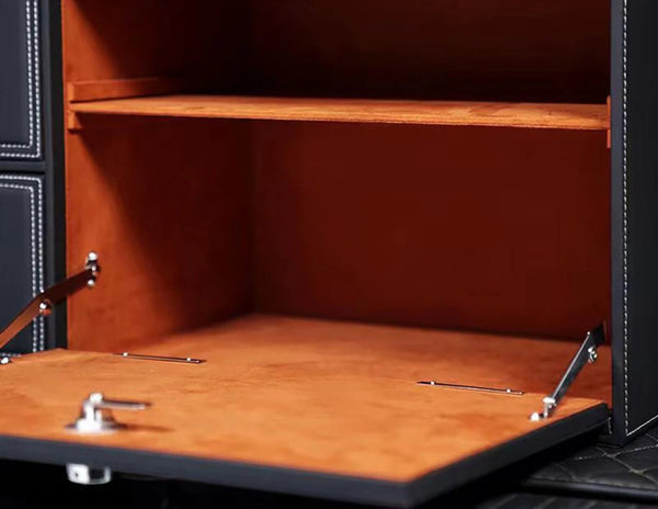 Spacious interior of the car trunk storage box with adjustable compartments and drawers.