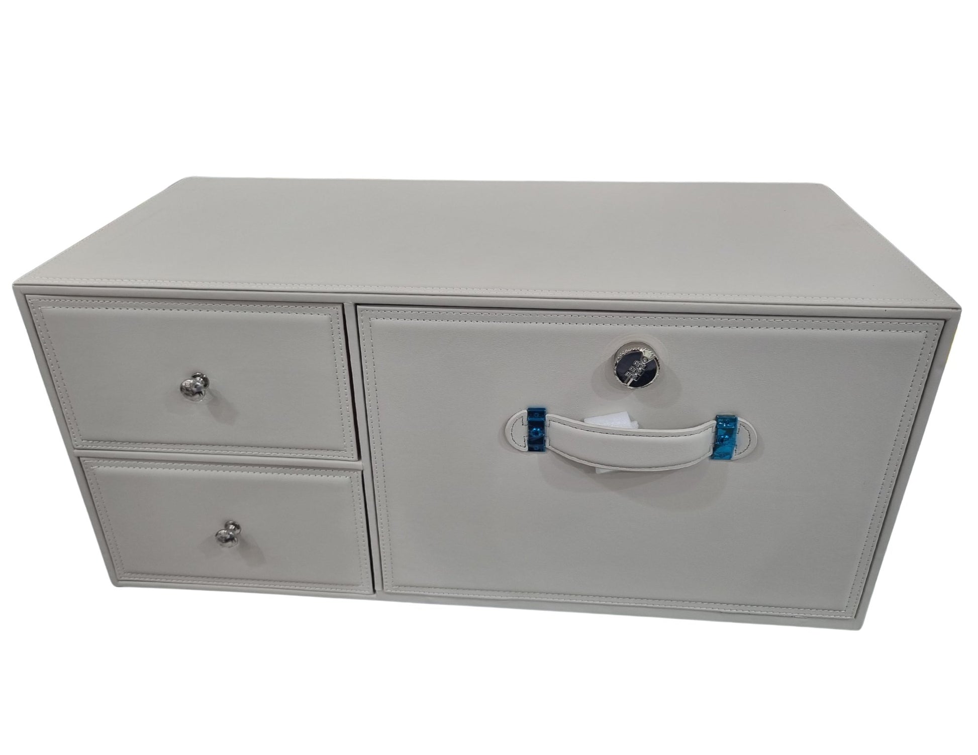 Front view of the car trunk storage box white with pass code lock, showing drawers and compartments.