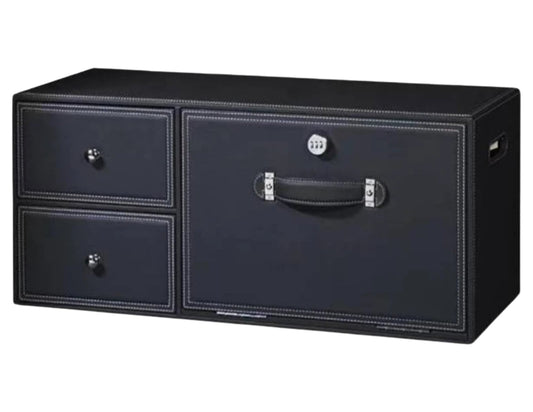 Front view of the car trunk storage box with pass code lock, showing drawers and compartments.