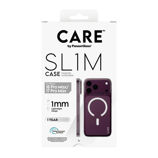 CARE by PanzerGlass SL1M transparent MagSafe case for iPhone 18 Pro Max with ultra-slim 1mm design and anti-yellowing protection in Qatar