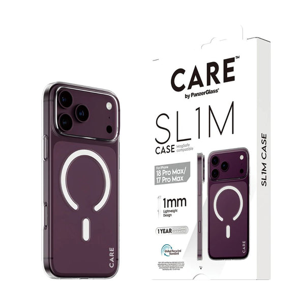 CARE by PanzerGlass SL1M transparent MagSafe case for iPhone 18 Pro Max with ultra-slim 1mm design and anti-yellowing protection in Qatar