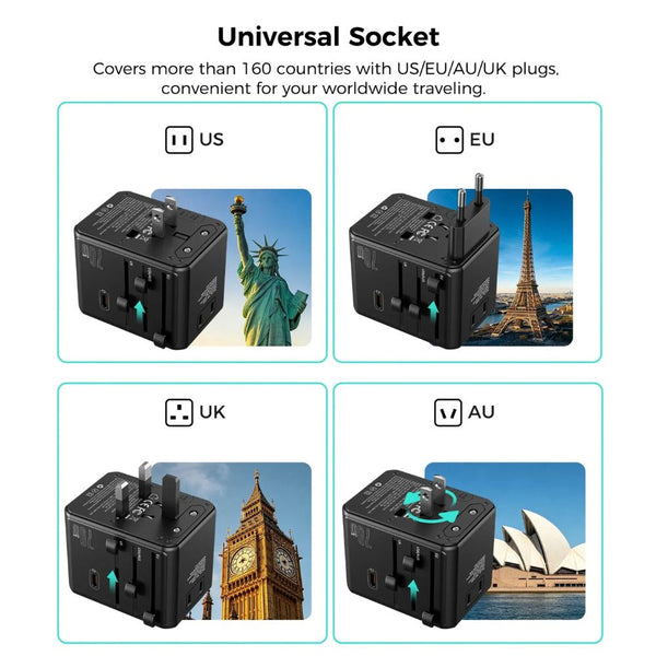 Choetech PD5064 70W 8-in-1 universal travel charger with 3 USB-C 2 USB-A and 3 AC outlets Black Qatar