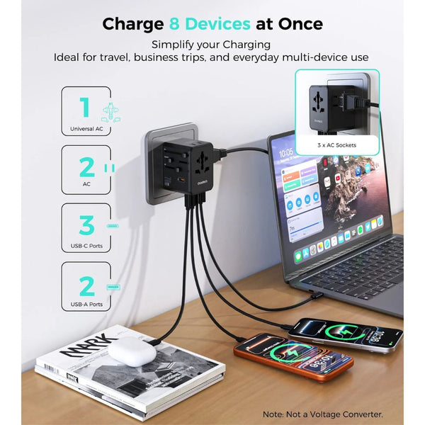 Choetech PD5064 70W 8-in-1 universal travel charger with 3 USB-C 2 USB-A and 3 AC outlets Black Qatar