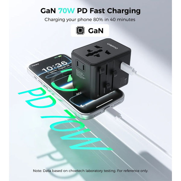 Choetech PD5064 70W 8-in-1 universal travel charger with 3 USB-C 2 USB-A and 3 AC outlets Black Qatar