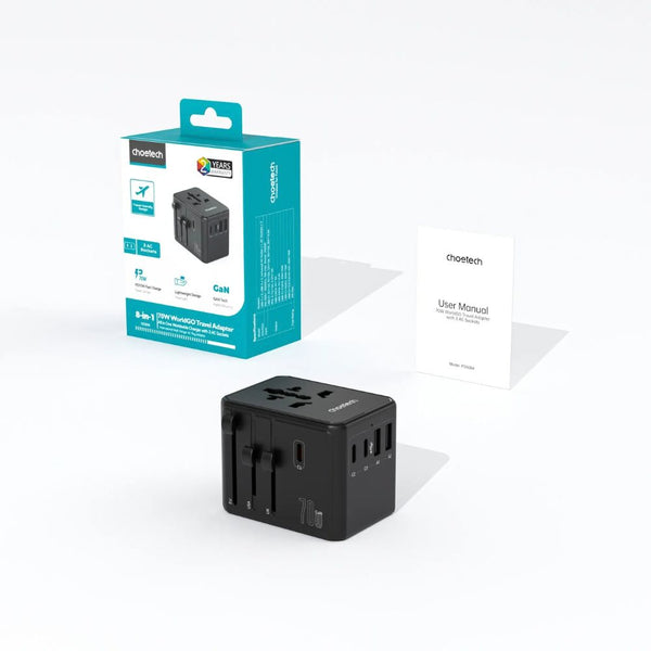 Choetech PD5064 70W 8-in-1 universal travel charger with 3 USB-C 2 USB-A and 3 AC outlets Black Qatar