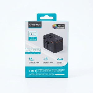 Choetech PD5065 100W WorldGO 7-in-1 GaN universal travel charger with 3 AC sockets Black Qatar