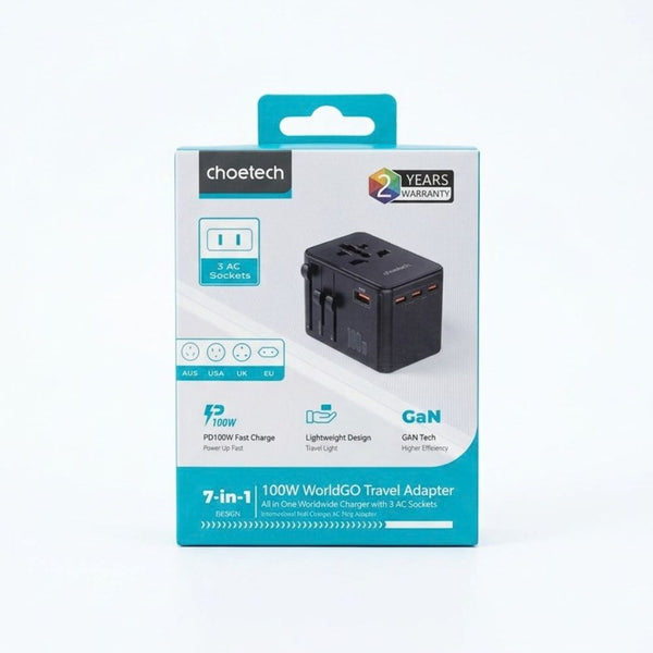 Choetech PD5065 100W WorldGO 7-in-1 GaN universal travel charger with 3 AC sockets Black Qatar
