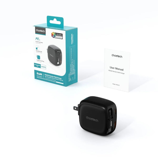 Choetech PD6123 65W GaN wall charger with retractable USB-C cable and USB-C USB-A ports Qatar