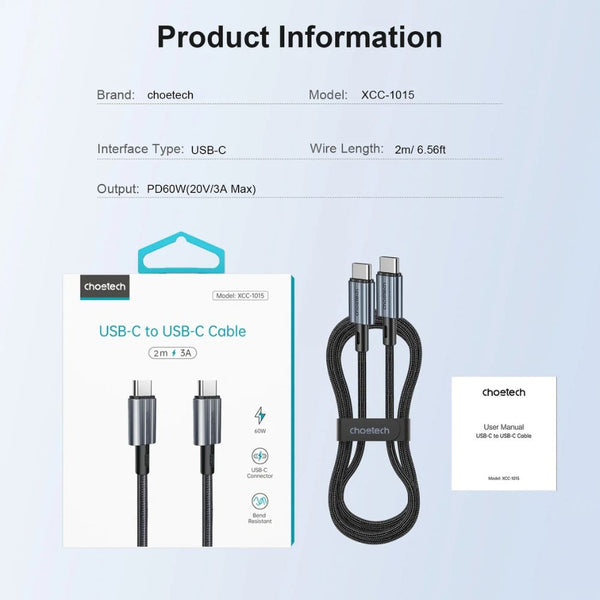 Choetech XCC-1015 60W PD USB-C to USB-C nylon braided cable 2M Black Qatar
