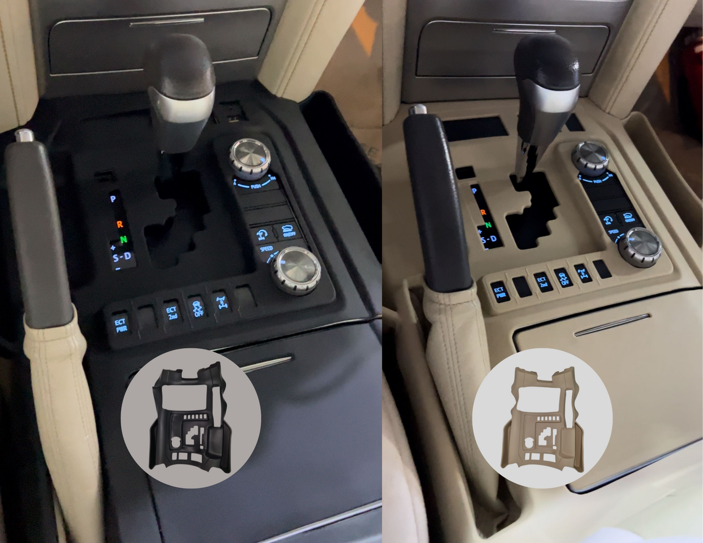 Rubber console box cover installed in a Land Cruiser (2016–2021).