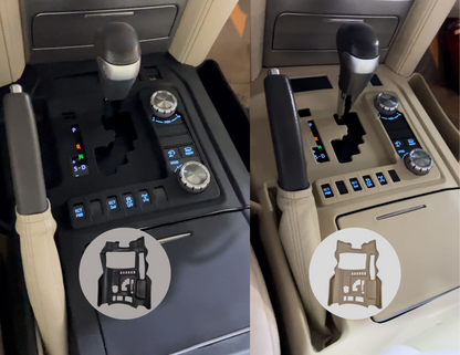 Rubber console box cover installed in a Land Cruiser (2016–2021).