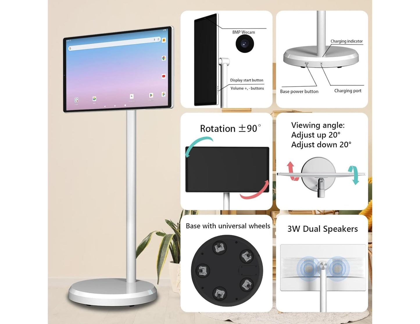 D01 Stand by Me 21.5 inch Android smart TV with touch screen and camera on wheeled stand available in Qatar