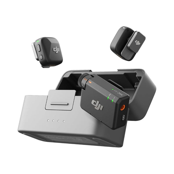 DJI Mic Mini wireless microphone kit with two transmitters, one receiver, and charging case for content creation in Qatar