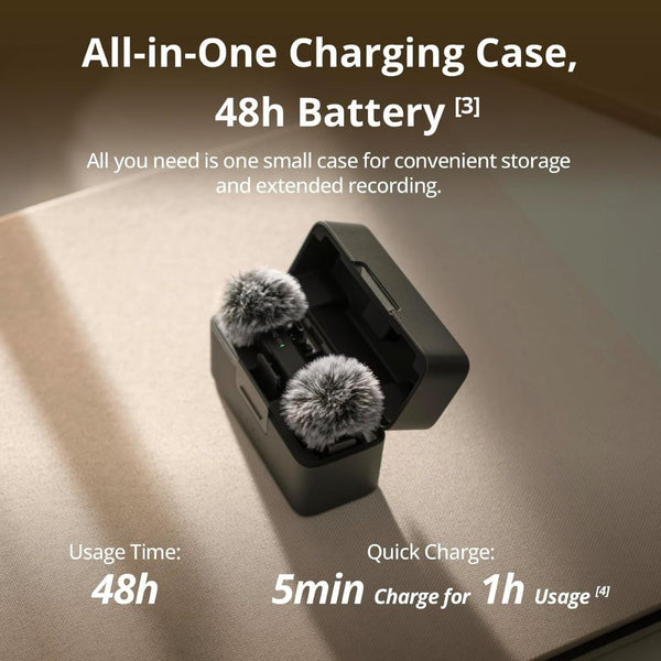 DJI Mic Mini wireless microphone kit with two transmitters, one receiver, and charging case for content creation in Qatar