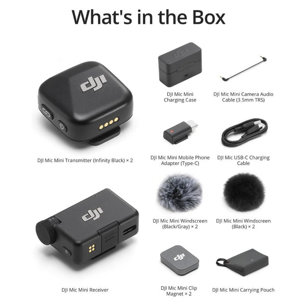 DJI Mic Mini wireless microphone kit with two transmitters, one receiver, and charging case for content creation in Qatar
