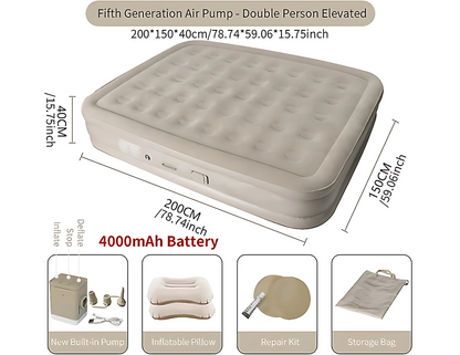 Double Automatic Inflatable Bed with repair kit, storage bag, and accessories.