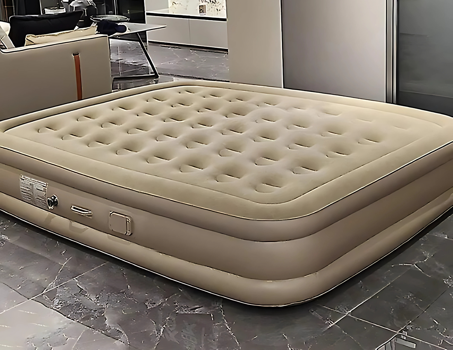 Double Automatic Inflatable Bed in a cozy room setting, fully inflated.