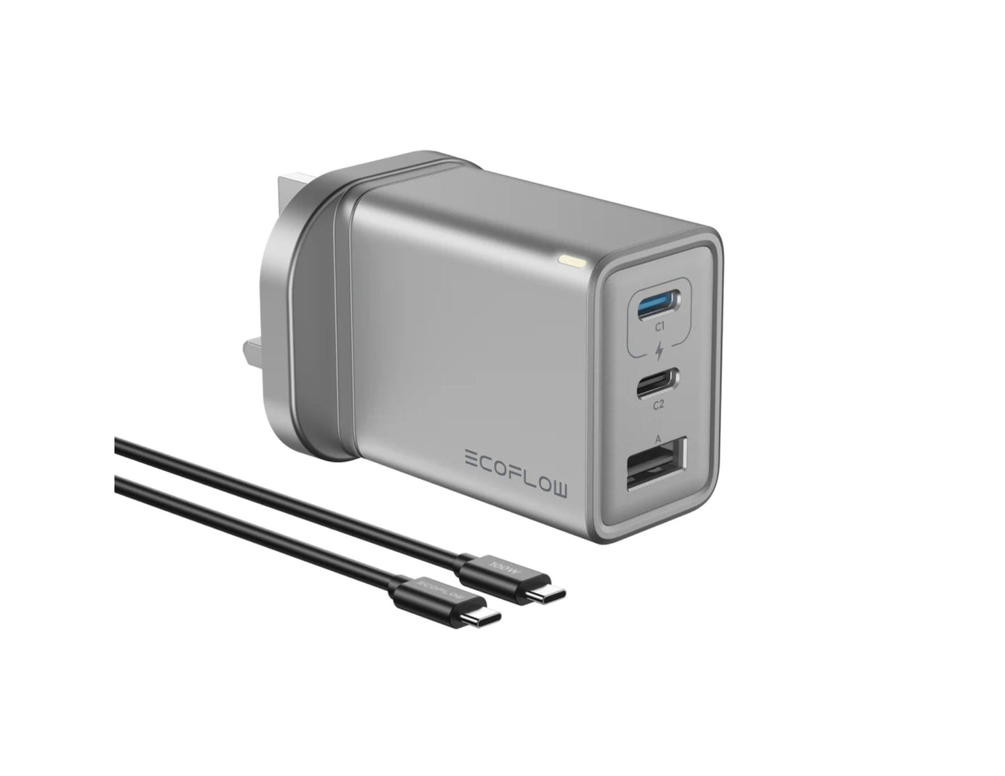 EcoFlow RAPID 65W GaN Charger EFA-65W-GAN-CHARGER-UK with 100W cable and 3 ports at Thabthaba Store Qatar.