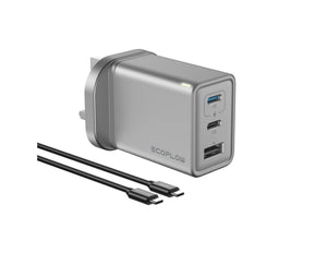 EcoFlow RAPID 65W GaN Charger EFA-65W-GAN-CHARGER-UK with 100W cable and 3 ports at Thabthaba Store Qatar.