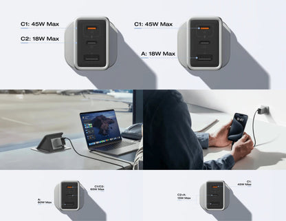 EcoFlow RAPID 65W GaN Charger EFA-65W-GAN-CHARGER-UK with 100W cable and 3 ports at Thabthaba Store Qatar.