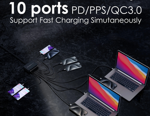 EGO 300W GaN Charger charging multiple devices including iPhone and Samsung.