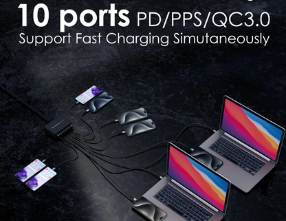 EGO 300W GaN Charger charging multiple devices including iPhone and Samsung.