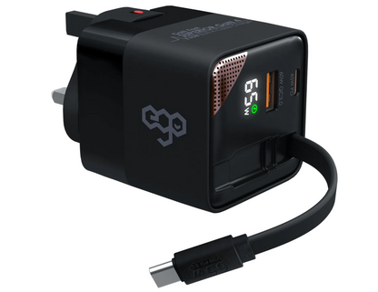 Front view of the EGO 65W SUPERIOR GaN 4 Charger CH042-PQ with retractable cord and travel adapters.