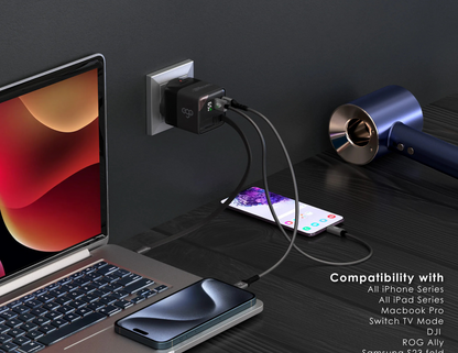 EGO 65W GaN Charger with LED charging speed display in use with various devices.