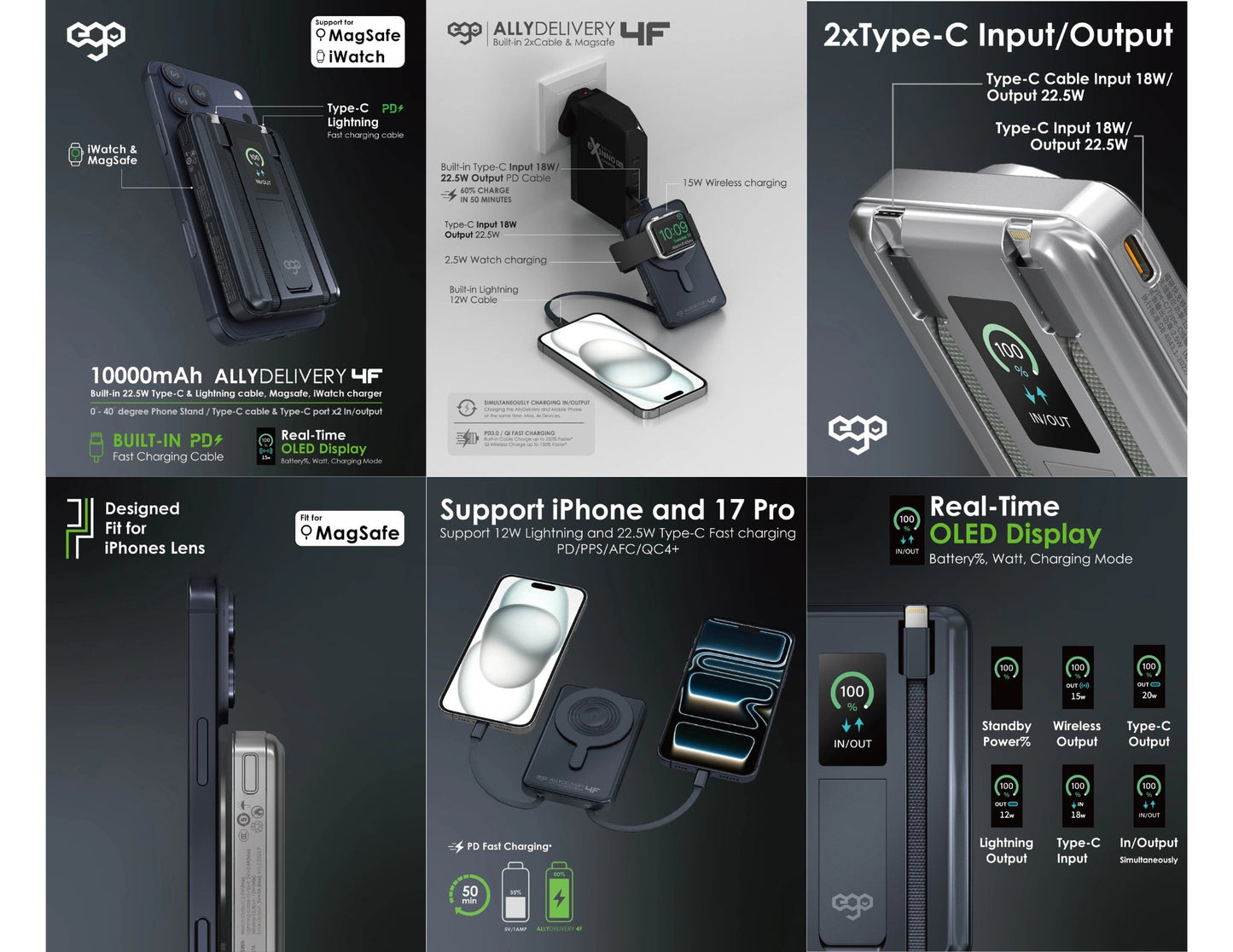 Ego AllyDelivery 4F MagSafe 10000mAh 6in1 power bank KH-99 with OLED screen built-in Lightning and Type-C cables Qatar​