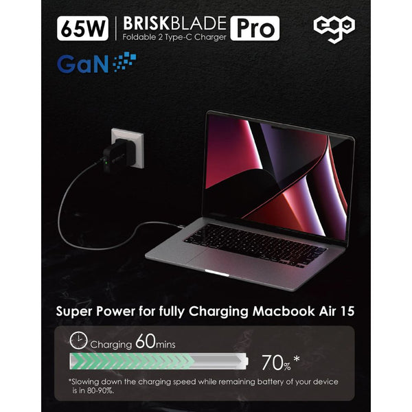 EGO Brisk Blade Pro 65W GaN charger with folding UK plug and 8-fold protection Black Qatar