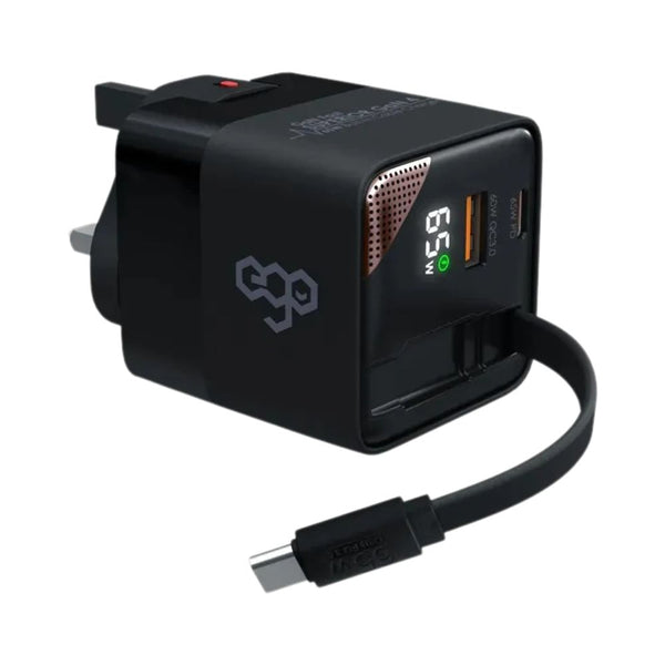 EGO CH042-PQ 65W GaN 4 charger with retractable 85cm USB-C cable LED display and global travel adapters Qatar