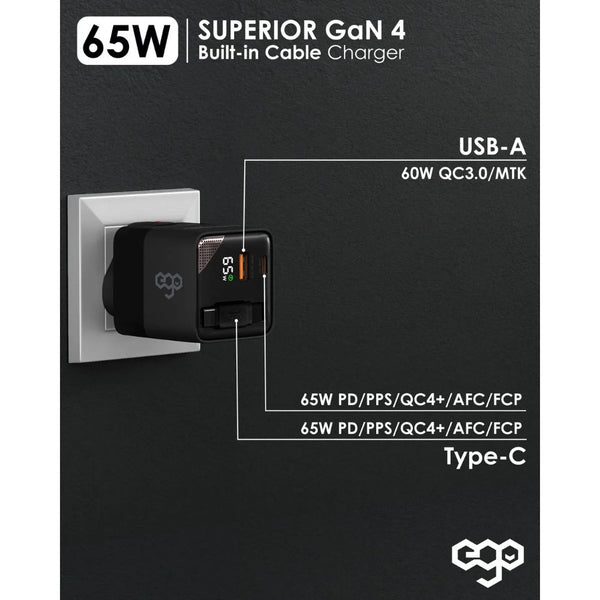 EGO CH042-PQ 65W GaN 4 charger with retractable 85cm USB-C cable LED display and global travel adapters Qatar
