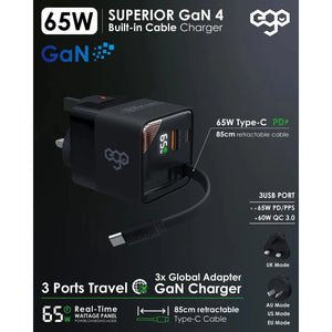 EGO CH042-PQ 65W GaN 4 charger with retractable 85cm USB-C cable LED display and global travel adapters Qatar