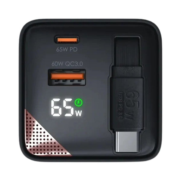 EGO CH042-PQ 65W GaN 4 charger with retractable 85cm USB-C cable LED display and global travel adapters Qatar