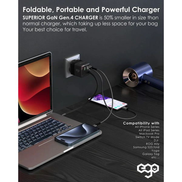 EGO CH042-PQ 65W GaN 4 charger with retractable 85cm USB-C cable LED display and global travel adapters Qatar