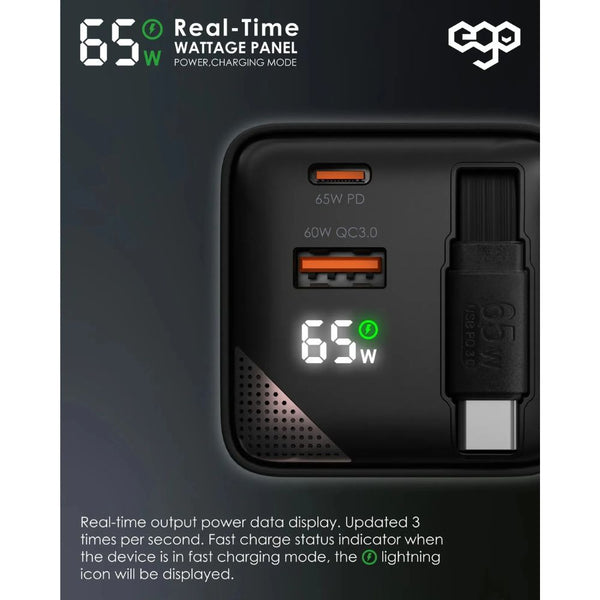 EGO CH042-PQ 65W GaN 4 charger with retractable 85cm USB-C cable LED display and global travel adapters Qatar