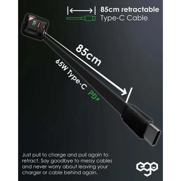 EGO CH042-PQ 65W GaN 4 charger with retractable 85cm USB-C cable LED display and global travel adapters Qatar