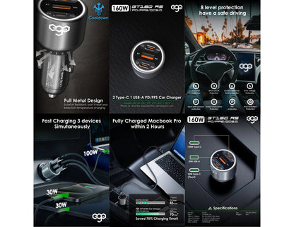 Ego GT160 RS 3USB 160W Car Charger with Fast Charging, Compatible with Cars and Trucks, Thabthaba Store Qatar