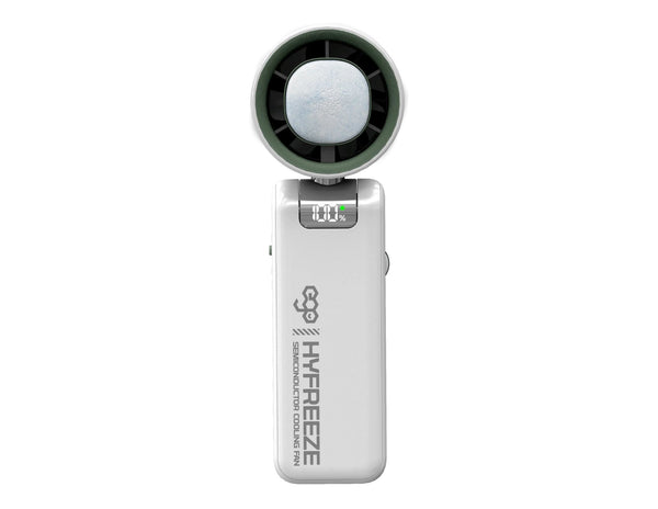 Ego HyFreeze Semiconductor Cooling Fan HF1 with 18 hours battery, LED display, and 180-degree adjustable angle, available at Thabthaba Store Qatar